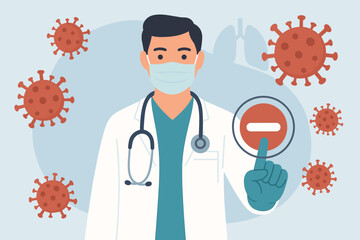 Doctor pressing stop button on virtual screen, coronavirus outbreak and COVID-19 pandemic concept, medical technology, research, diagnosis, healthcare analysis, virus control