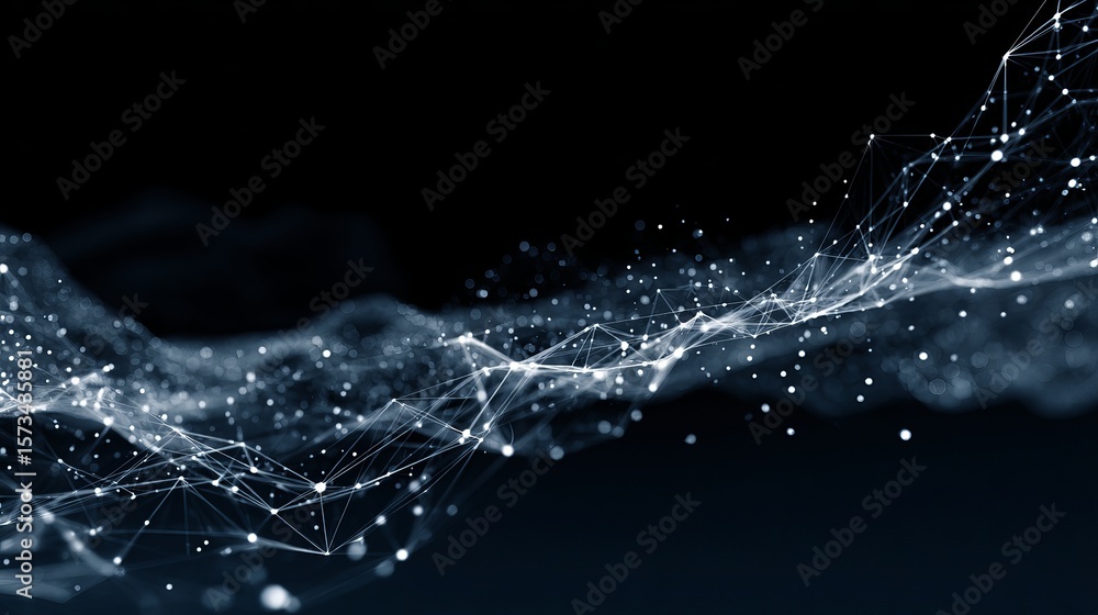 Poster abstract digital network with white dots and lines on dark gradient background with depth of field