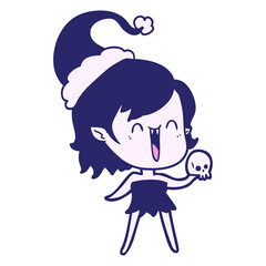 cute hand drawn line drawing of a happy vampire girl wearing santa hat in bright neon color