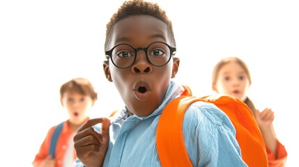 An African-American schoolboy with glasses and a surprised expression. 