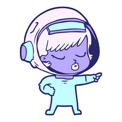 cartoon pretty astronaut girl pointing in bright neon color