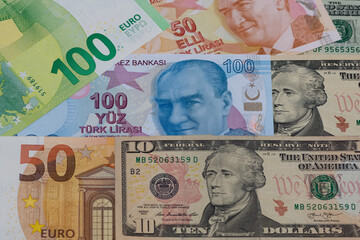Images of banknotes from various countries. Photos of euros and US dollars.