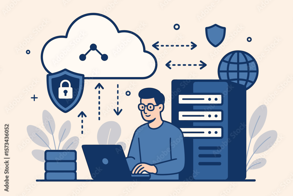 Poster cloud data exchange and cyber security concept. secure data transfer, online storage, cloud network 