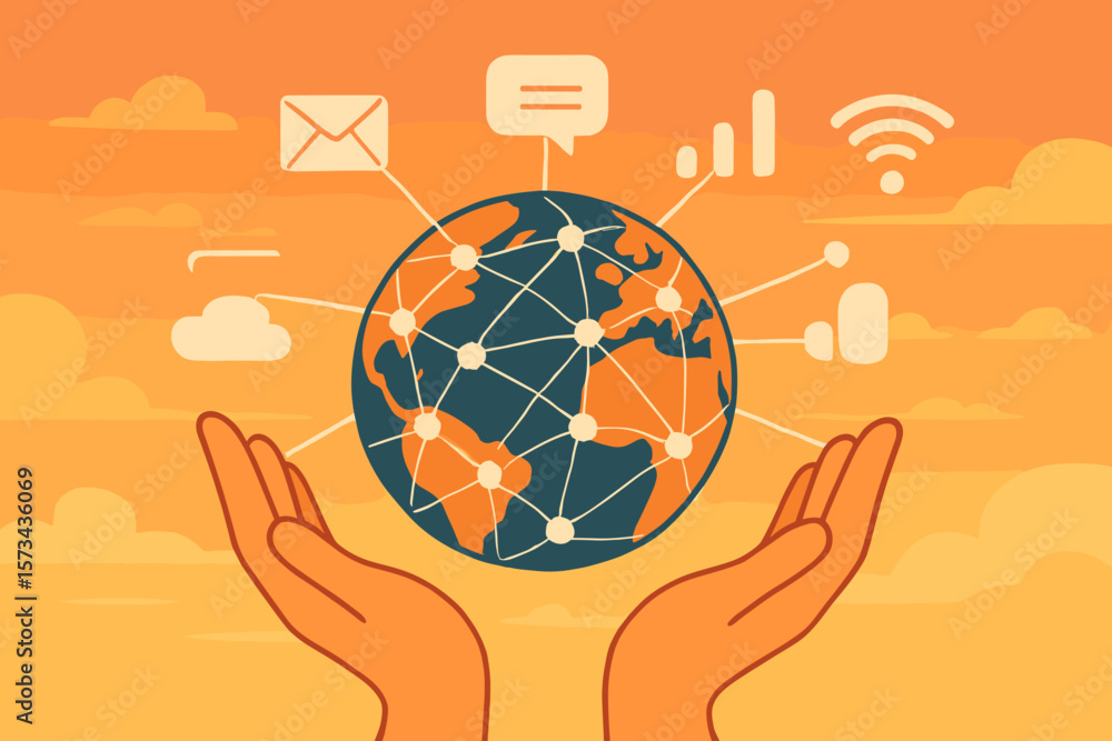 Poster global digital connectivity and communication network. hands holding earth with connected nodes, dat