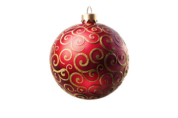 Realistic matte red Christmas ornament ball with intricate gold swirl patterns isolated on white background PNG. ai
