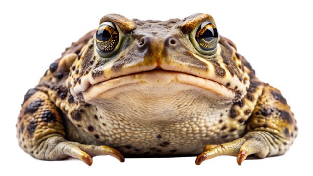 A detailed closeup of a warty frog with striking golden eyes, isolated on a pure transparent background