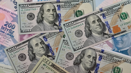 Images of banknotes from various countries. Photos of euros and US dollars.