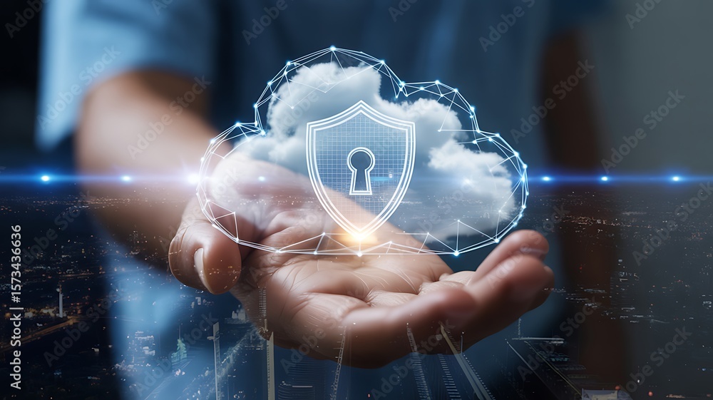 Poster hand holding digital cloud security shield with network lines image