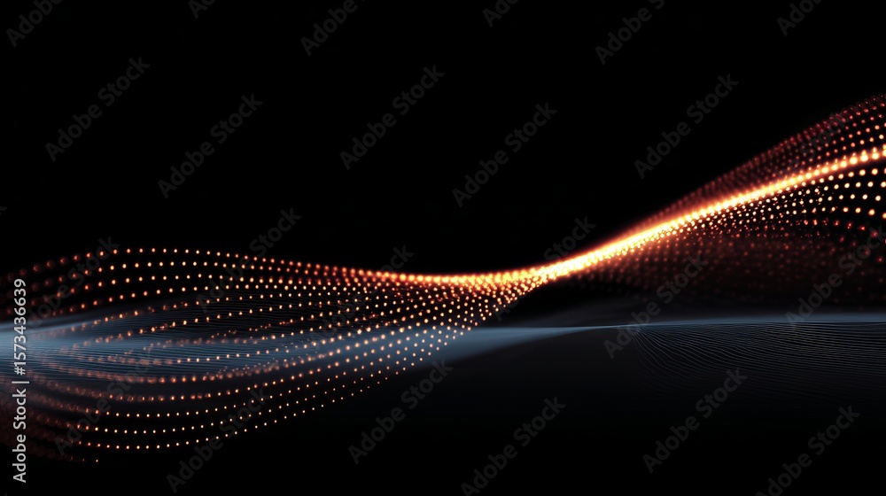 Poster dynamic wave of glowing particles with subtle blue lines on a black background creates motion.