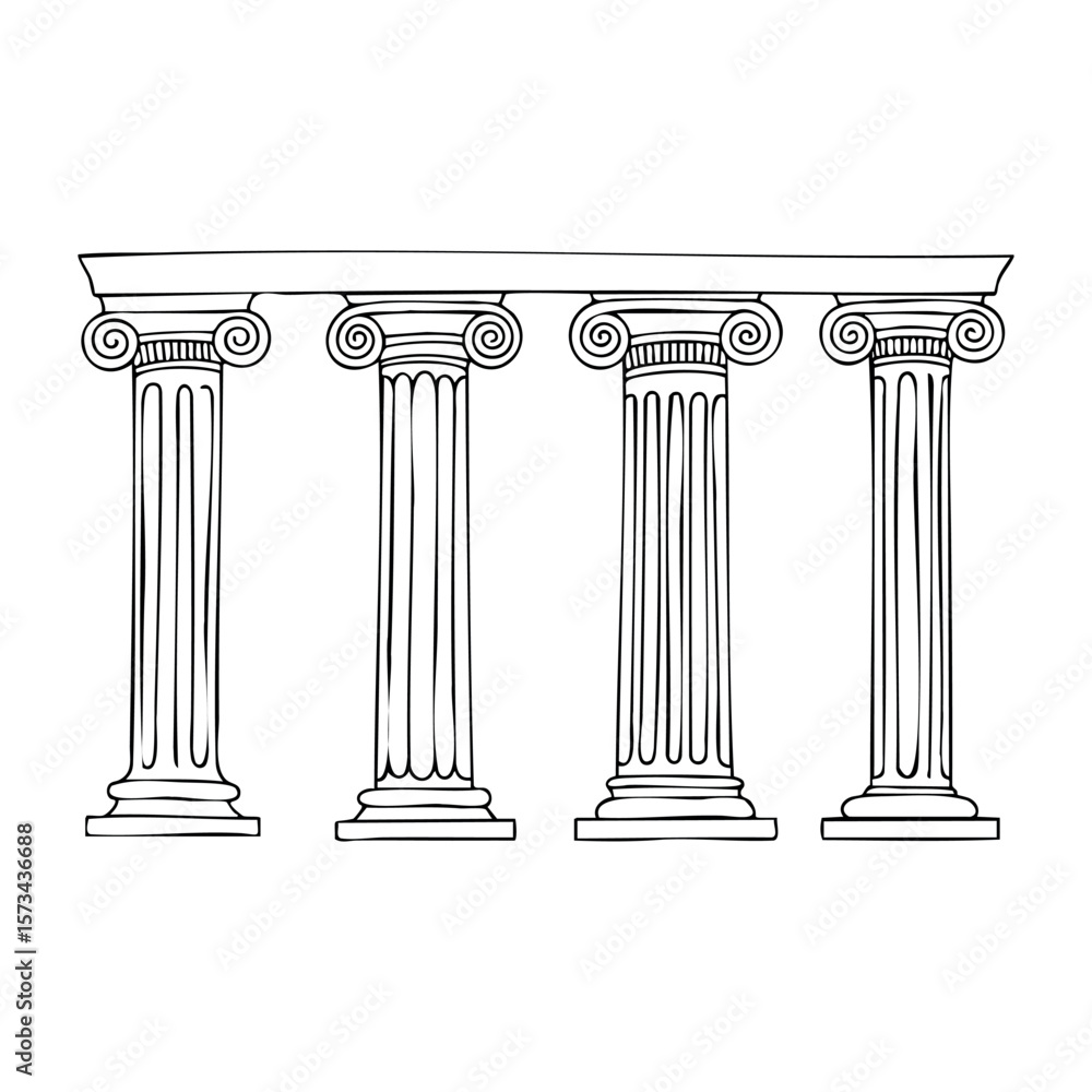 Poster illustration of four classical greek columns with ionic capitals in line art style. vector hand-draw