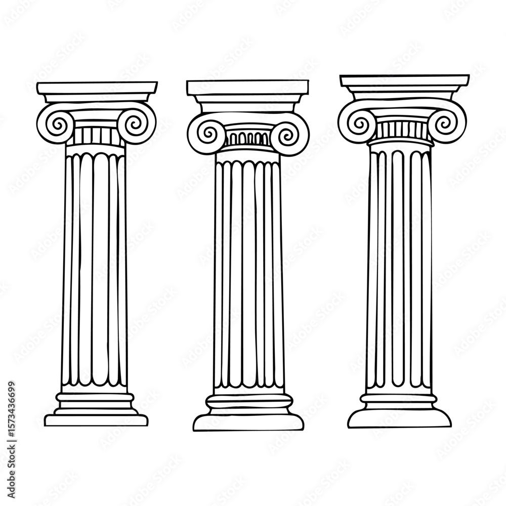 Poster classical ionic columns architecture design with fluted shafts and volutes. vector hand-drawn doodle