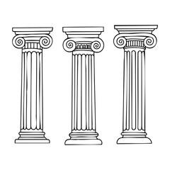 Classical ionic columns architecture design with fluted shafts and volutes. Vector hand-drawn doodle illustration