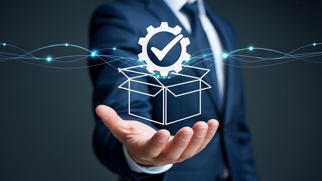 Businessman presenting a verified product concept with digital connections suit hand