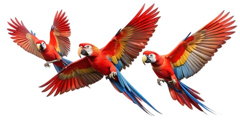Obraz premium Set of vibrant red and yellow macaw parrots, a colorful tropical bird, flying with exotic feathers
