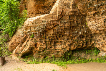 Gutman's Cave with inscriptions on the walls, the widest and highest cave in the Baltic countries,...