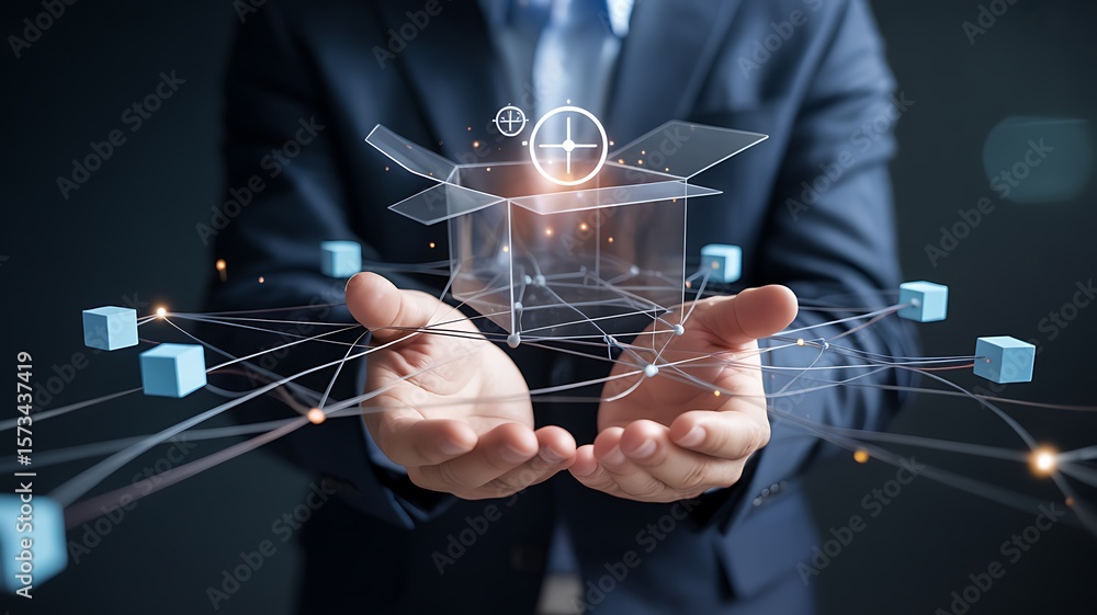 Poster hands holding transparent box with digital network image