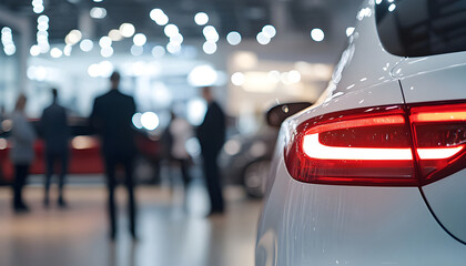 A close-up of a new car s taillight in a parking lot, with a dealer and clients on the blurred background