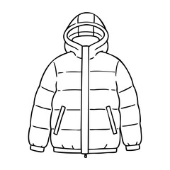 Outlined illustration of a hooded puffer jacket. Vector hand-drawn doodle illustration
