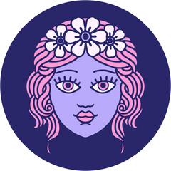 iconic tattoo style image of female face with crown of flowers in bright neon color