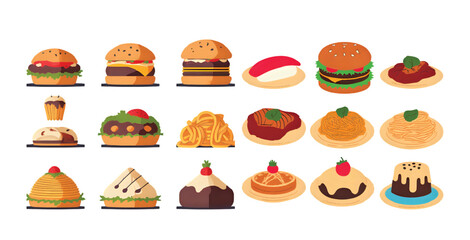 Delicious food icons feature burgers, pasta, and cake illustrations, perfect for restaurant menus, cafe promotions, or food-related website designs, providing a fun and appetizing experience.
