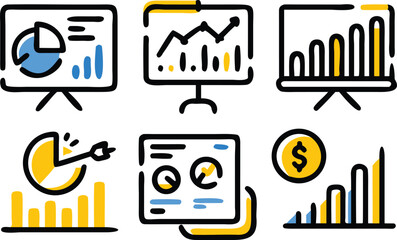 Hand Drawn Business Analytics Icons Set Yellow Blue Charts Graphs Pie Charts Whiteboards Data Reports