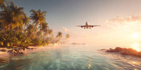 Exhilarating moment as a large airplane flies incredibly low over Beach, thrilling beachgoers with its powerful jet blast. Perfect for unique travel experiences and aviation enthusiasts