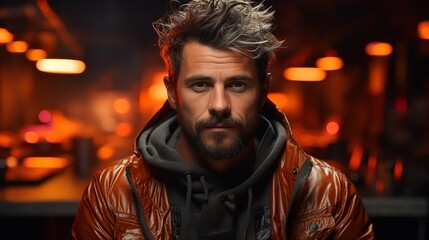 Obraz premium Stylish man in leather jacket looking forward with thoughtful expression.