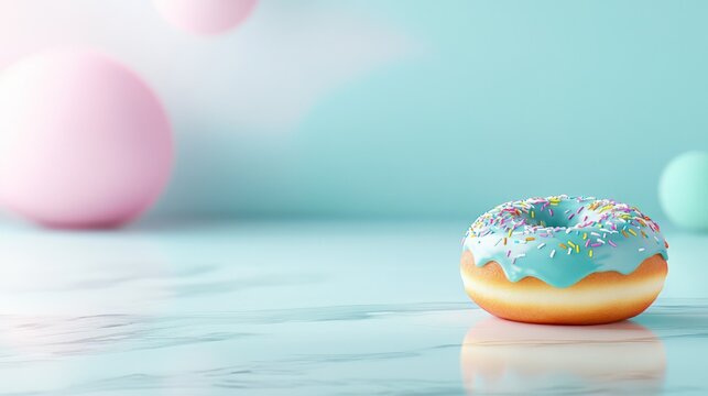 Donut with vibrant blue icing and colorful sprinkles sits on marble surface, copy space