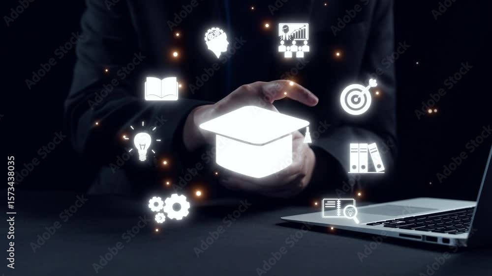 Poster a professional setting showcases hands using a smartphone with futuristic visuals representing digit