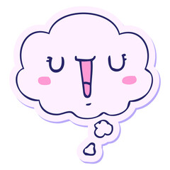 happy cartoon face with thought bubble as a printed sticker in bright neon color