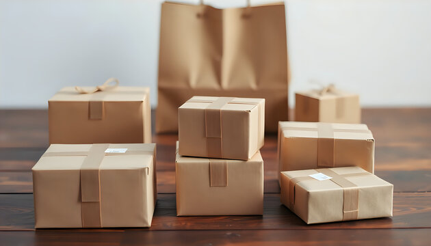 Neatly stacked parcel boxes on a wooden surface, conveying a minimalist delivery concept.