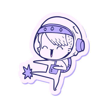 Naklejki sticker of a happy cartoon space girl kicking in bright neon color