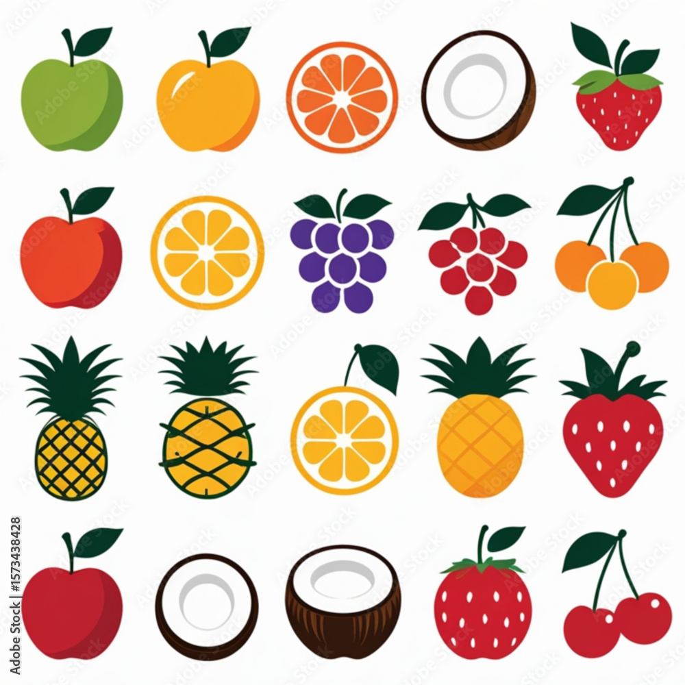 Poster illustration of various colorful fruits including apples oranges pineapples and berries in a grid pa
