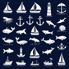 Collection of nautical themed white icons on a dark blue background featuring boats and sea life created with generated ai