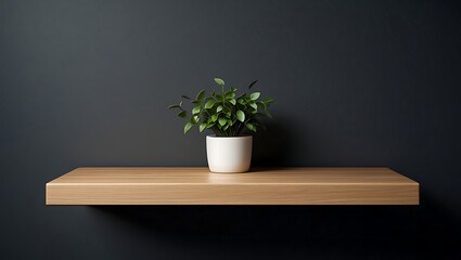 Modern Minimalist Light Wood Shelf with Green Plant Against Dark Wall Background