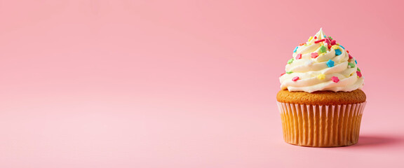 Delicious cupcake with colorful sprinkles on pink background  