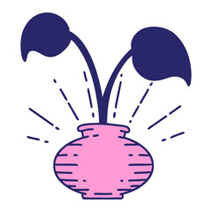 illustration of a traditional tattoo style houseplant in vase in bright neon color