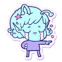 sticker of a cartoon crying alien girl in bright neon color
