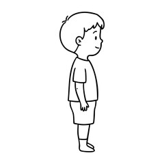 Obraz premium Cartoon illustration of young caucasian male child standing sideways. Vector hand-drawn doodle illustration