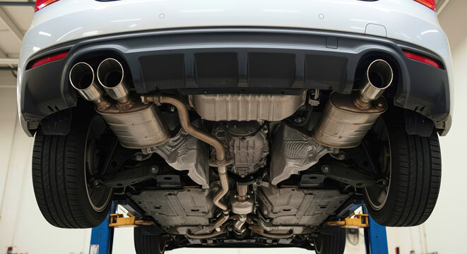 Car exhaust system viewed from underneath in automotive workshop
