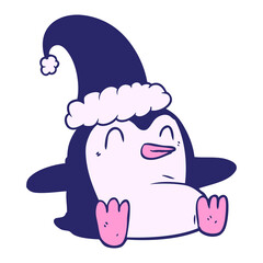 cartoon penguin wearing christmas hat in bright neon color