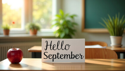 Teacher's desk with "Hello September" sign and apple in classroom  