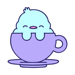 cartoon of a cute baby bird sitting in a tea cup in bright neon color