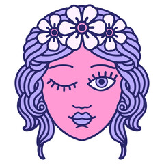 winking face tattoo style design in bright neon color