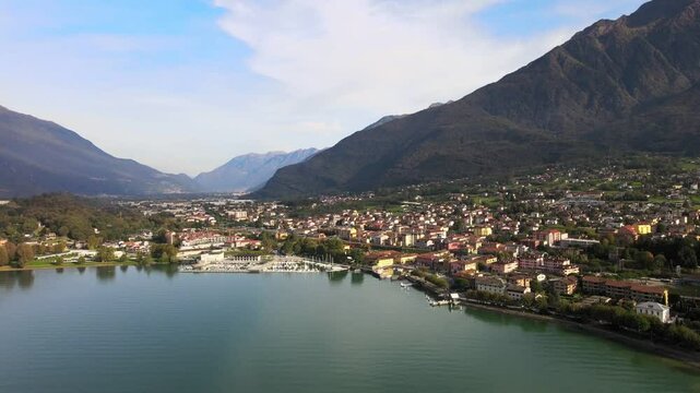 Aerial nature landscape near Colico village in Lake Como Italian Alps mountains in Lombardy