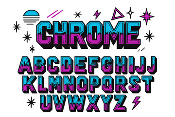 A hand drawn, vector vintage grunge type font with a retro wave cyberpunk 80s style, including a chrome alphabet and doodle elements, suitable for print tee and poster design