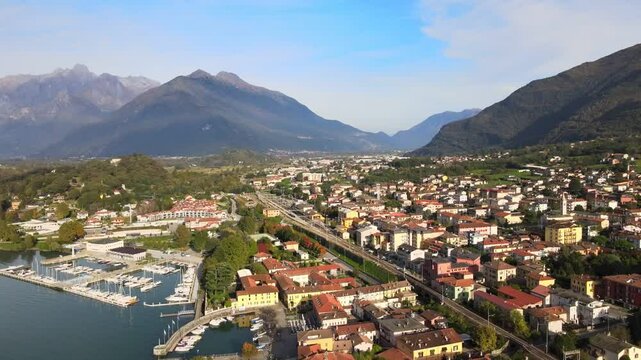 Aerial nature landscape near Colico village in Lake Como Italian Alps mountains in Lombardy