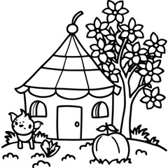 Rural hut with tree and other element kids coloring page
