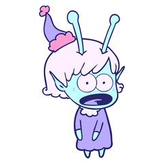 hand drawn line drawing of a shocked alien girl wearing santa hat in bright neon color