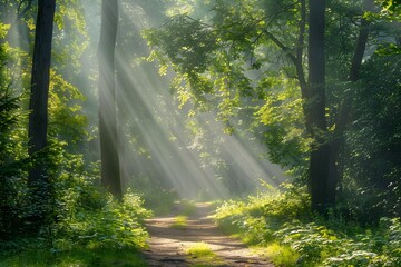 Fototapeta premium Sunlit Forest Path in Summer with Lush Greenery
